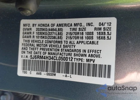 2012 Honda Cr-V Lx z USA, uszkodzony, nr VIN 5J6RM4H34CL050012